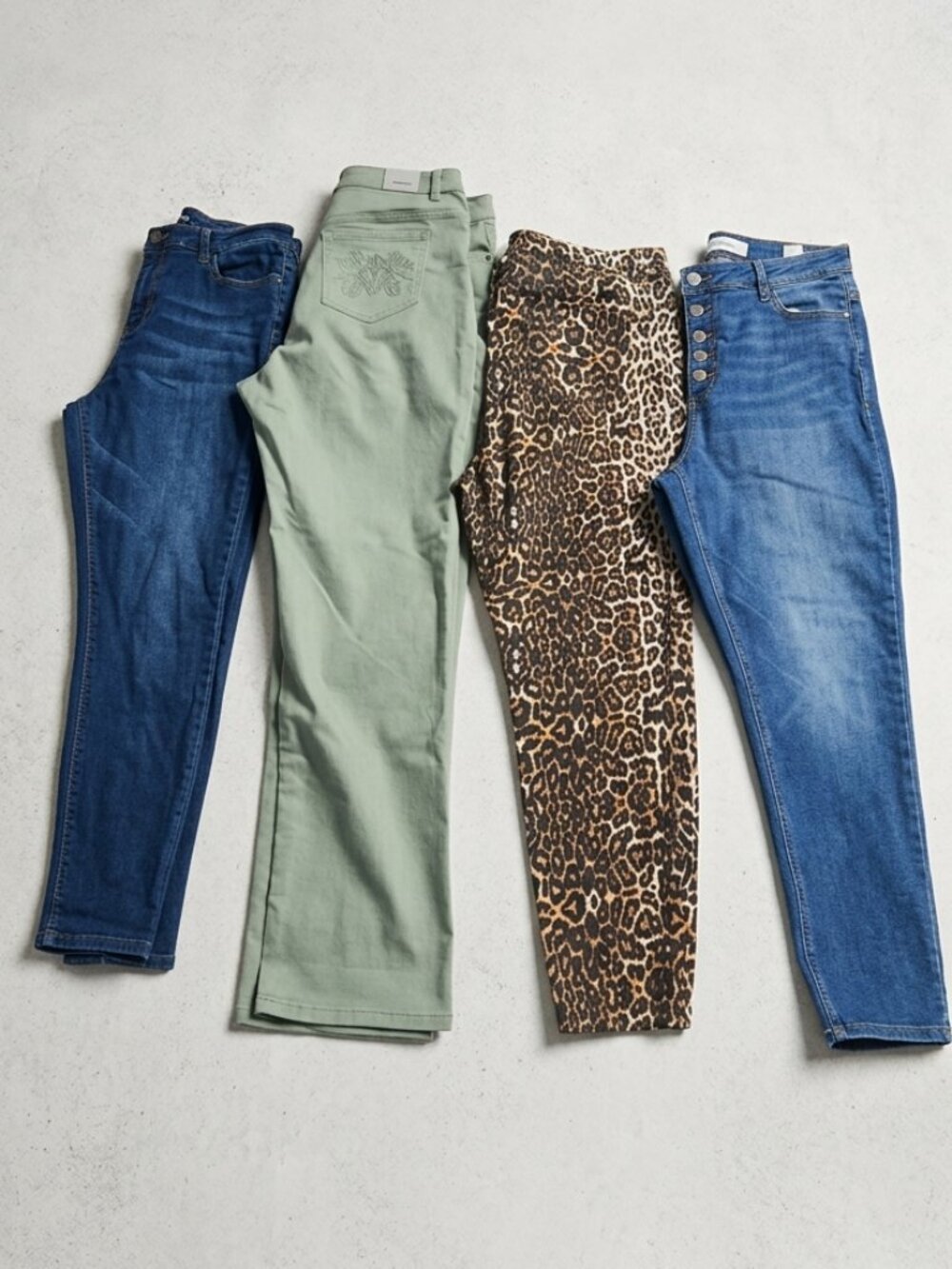 4-Pair Denim & Pant Bundle | Size 14 / 15 | Jeans, Sage & Leopard